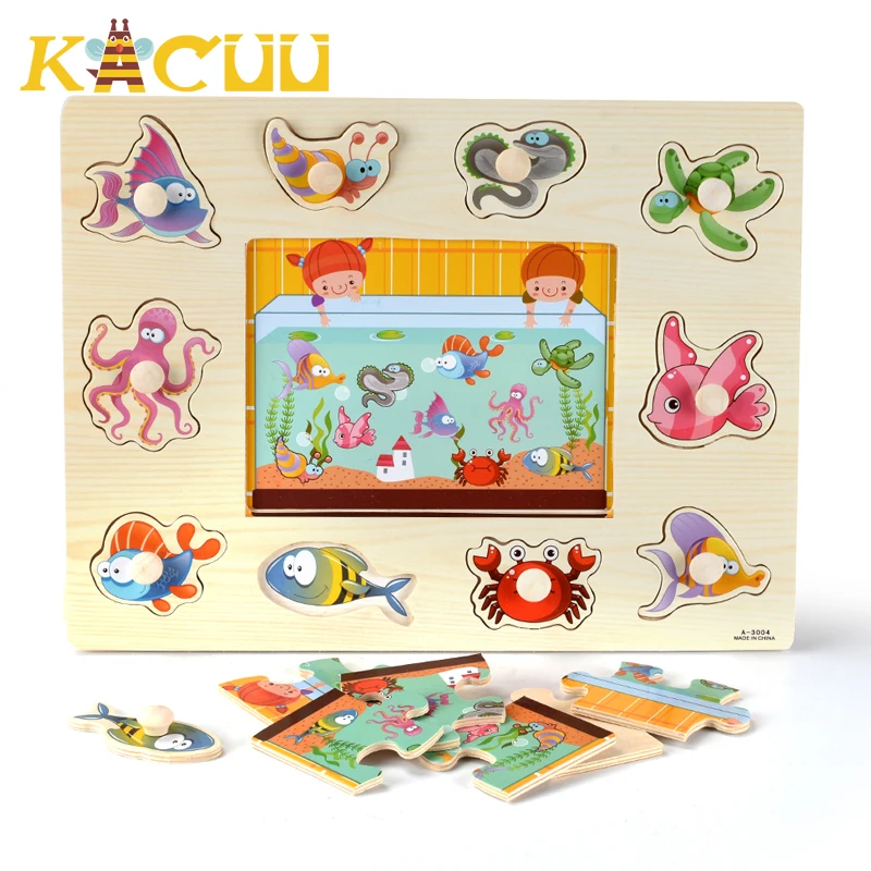 Puzzle 3D en bois Montessori pour bébé, planches à main, jouets Tangram, véhicule de dessin animé, animaux, fruits