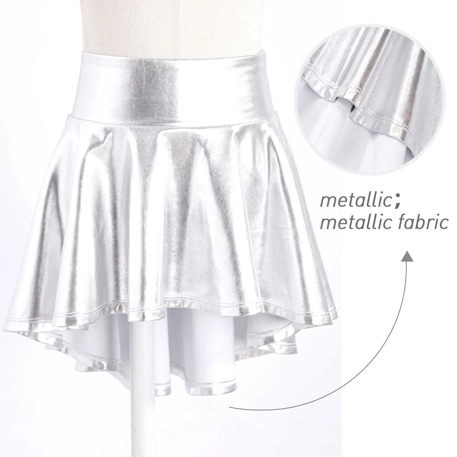 Kids Girls Metallic Shiny Bronzing Cloth Ruffle Culottes Jazz Dance Skirt Elastic Waistband Shorts Skirts Street Dance Costume