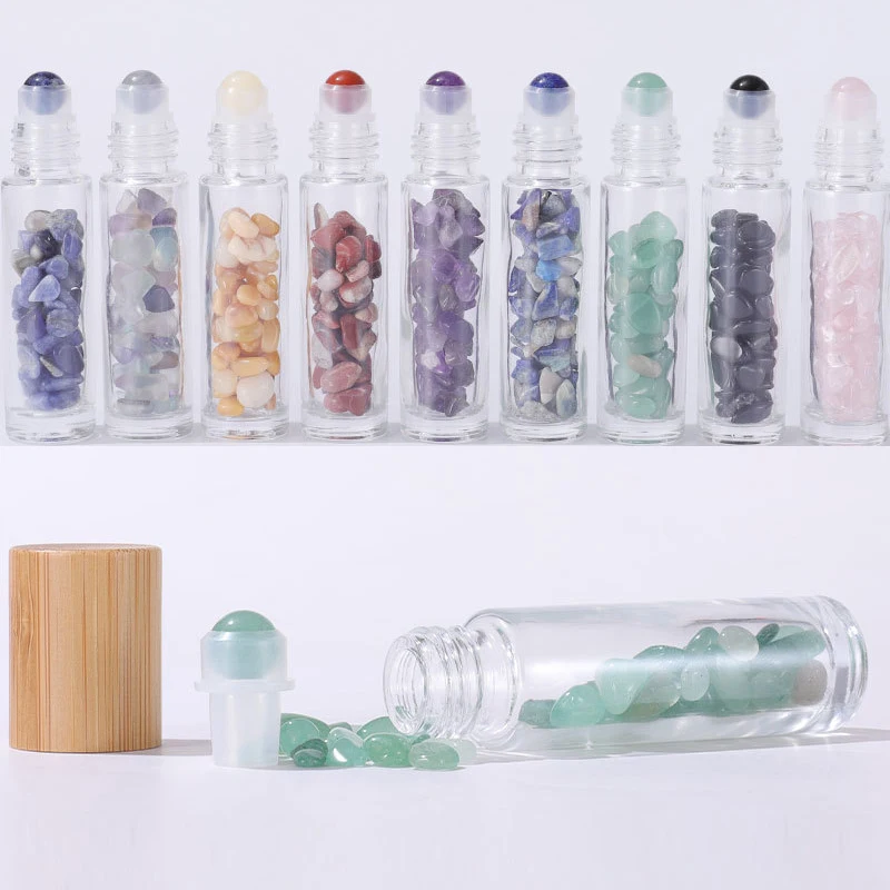 10Pcs 10ml Essential Oil Roll On Bottles Glass Natural Jade Roller Bottle with Crystal Chip Perfume Refillable Bottle Containers