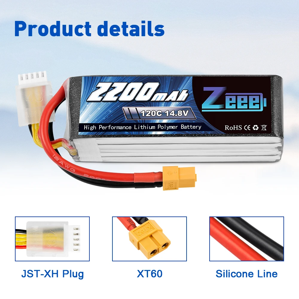 2pcs Zeee 4S 2200mAh LiPo Battery 14.8V 120C with XT60 Plug For FPV Drone RC Car Graphene Boat Helicopter Airplane RC Models