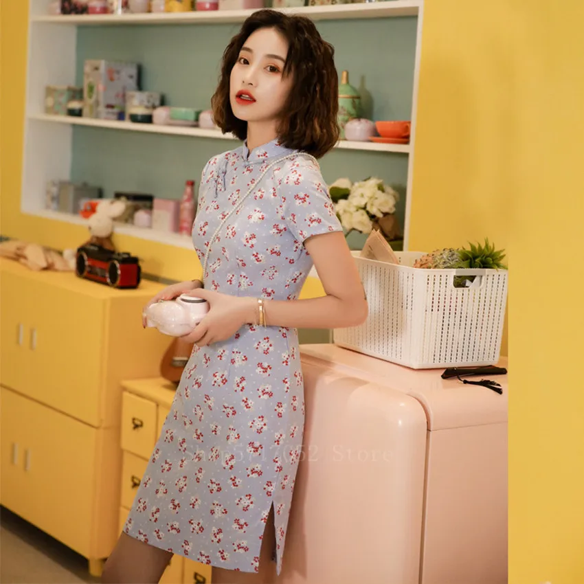 

Chinese Traditional Dress Linen Cheongsam Women Girls Retro Qipao Short Floral Print Thin Vestido Daily Streetwear Split Vestido