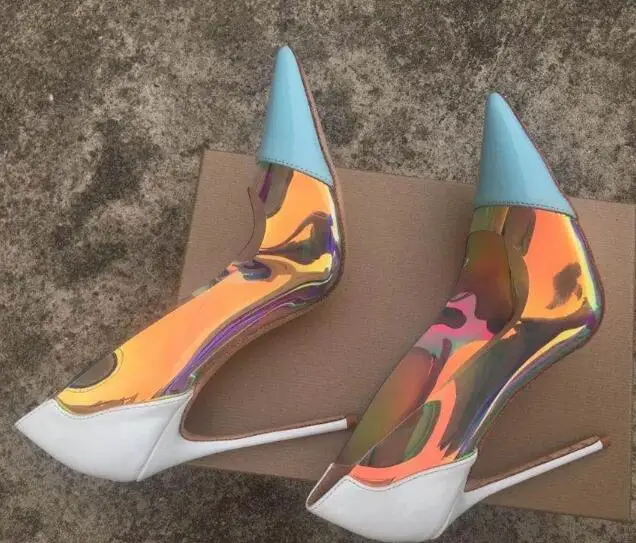 Dipsloot Pink Blue Pointed Toe Clear PVC Pumps Woman Neon Yellow Mixed Color Thin Heels Slip On Patchwork Shallow Wedding Shoes