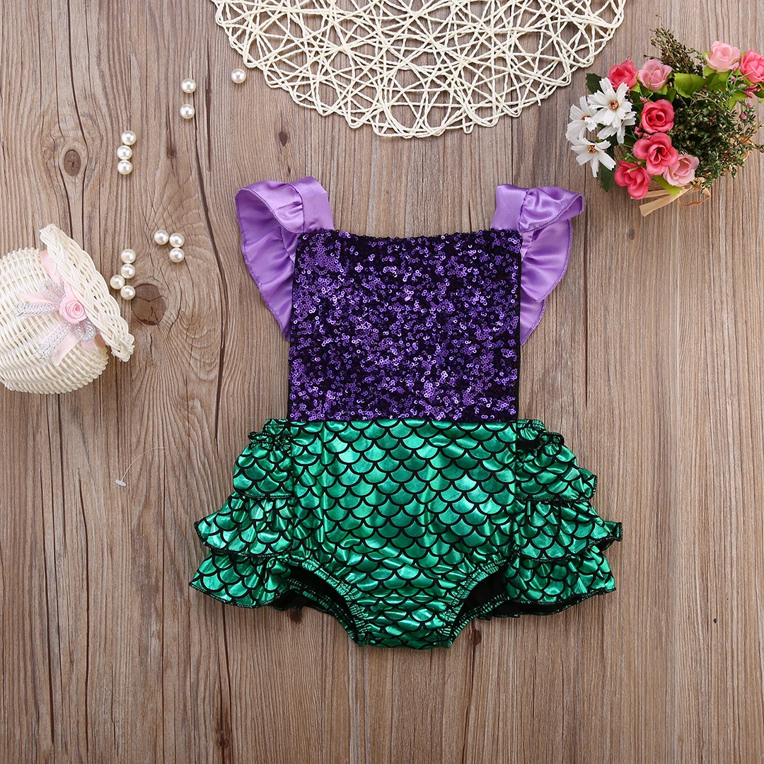 Yenidoğan bebek bebek kız güzel pullu Mermaid kostüm Romper tulum Sunsuit kıyafetler kostüm