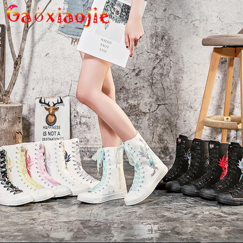 Chinese Style Embroidery Women Shoes Lace-up Middle Tube Canvas Soft Bottom Casual Spring Fashion Comfortable Shoes Big Size