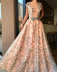 Pink Moroccan Muslim Evening Dresses A-line Cap Sleeves Tulle Appliques Long Turkey Dubai Saudi Arabia Prom Dress Gown