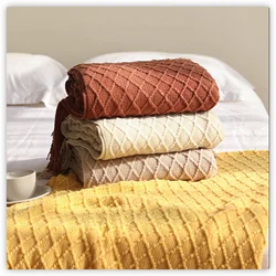 Textile City Diamond Knit Throw Blanket with Tassels Soft Boho Textured Knitted Throw for Couch Cozy Fringe Home Decor Blanket