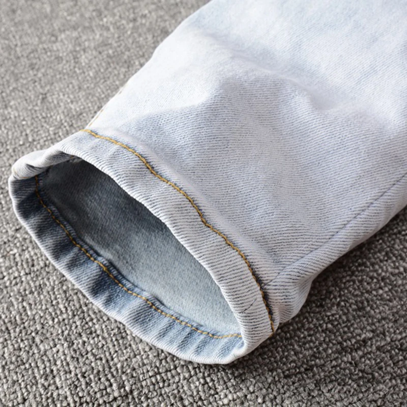 الرجال الضوء الأزرق مطوي المرقعة تمتد الدنيم الجينز الشارع الشهير ثقوب ممزق سروال شكل قلم رصاص العصرية نحيل نحيل بنطلون #5