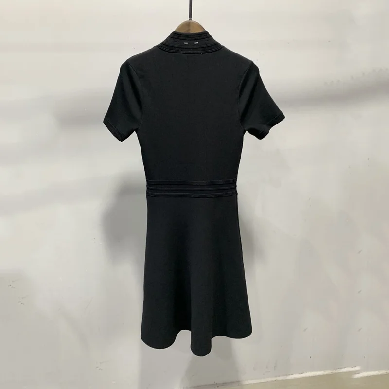 Summer Spring Elegant Slim Knitting O-Neck Black Dress Streetwear Party Short Sleeve Midi Dress Fashion Buttons Design Dress