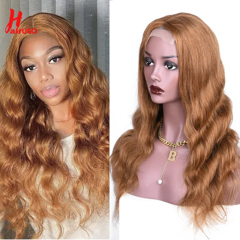 HairUGo Body Wave Brown Lace Closure Human Hair Wigs 30# 4x4 Lace Closure Wigs Peruvian Remy Pre Plucked Colored Wigs For Women