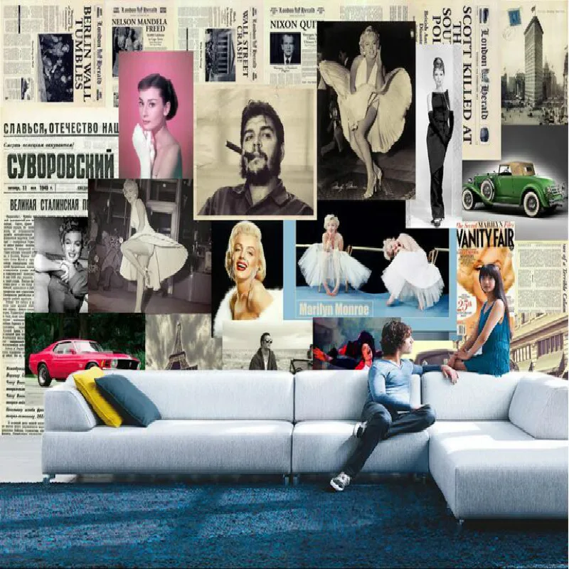 

Retro Newspaper Background Marilyn Monroe Audrey Hepburn Photo Wallpapers for Living Room Bedroom 3D Wall Papers Home Decor