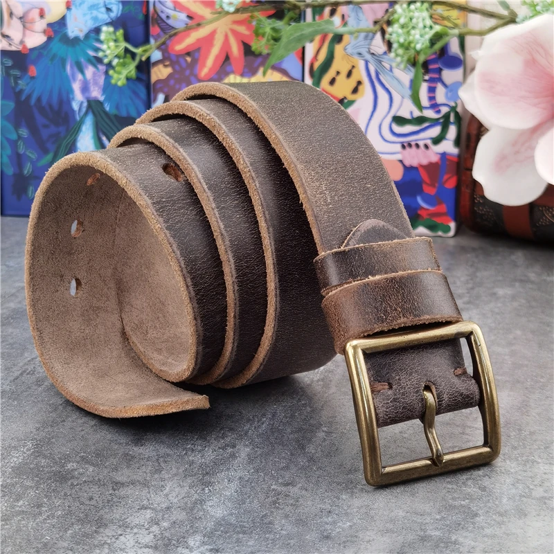 Retro  Jeans Leather Belt Men Ceinture Vintage Brass Belt Buckle Genuine Leather Belts For Men Long Waist Belt Male MBT0009