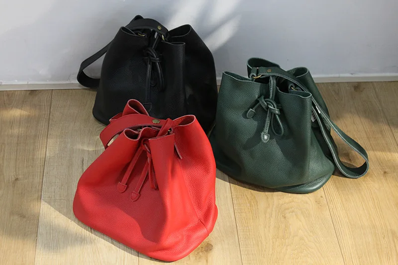 Genuine Leather Women Bucket Bag String Crossbody Bags