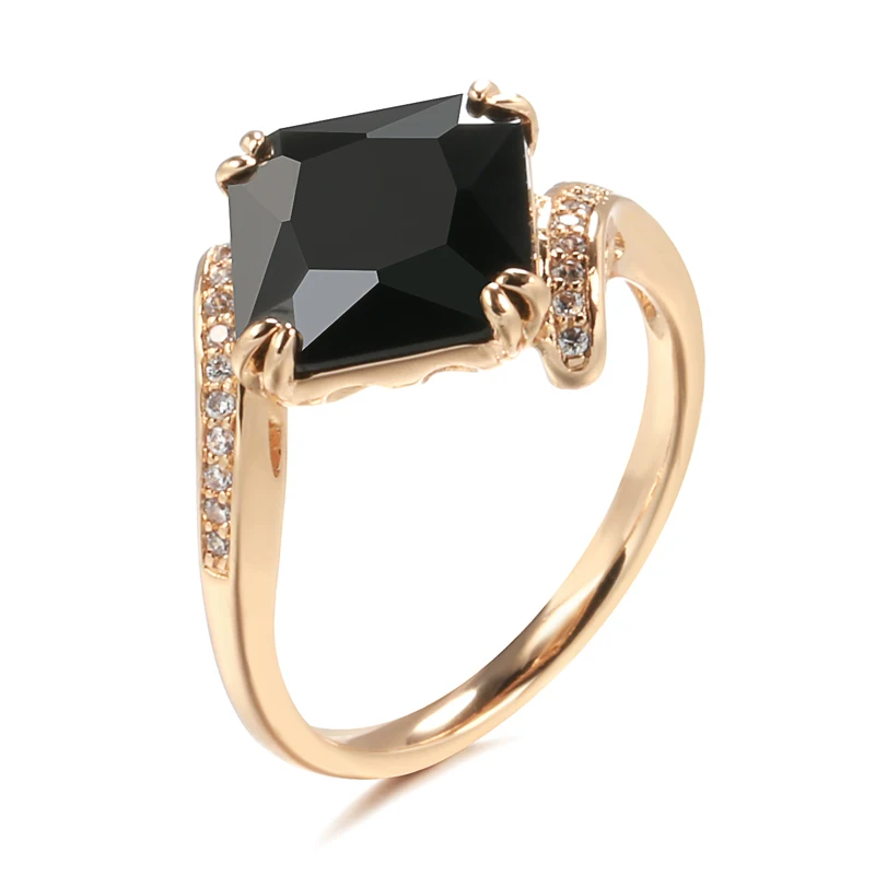 Kinel Luxury Big Square Black Natural Zircon Ring For Women Fashion 585 Rose Gold Color Vintage Wedding Jewelry Fine Daily Gift