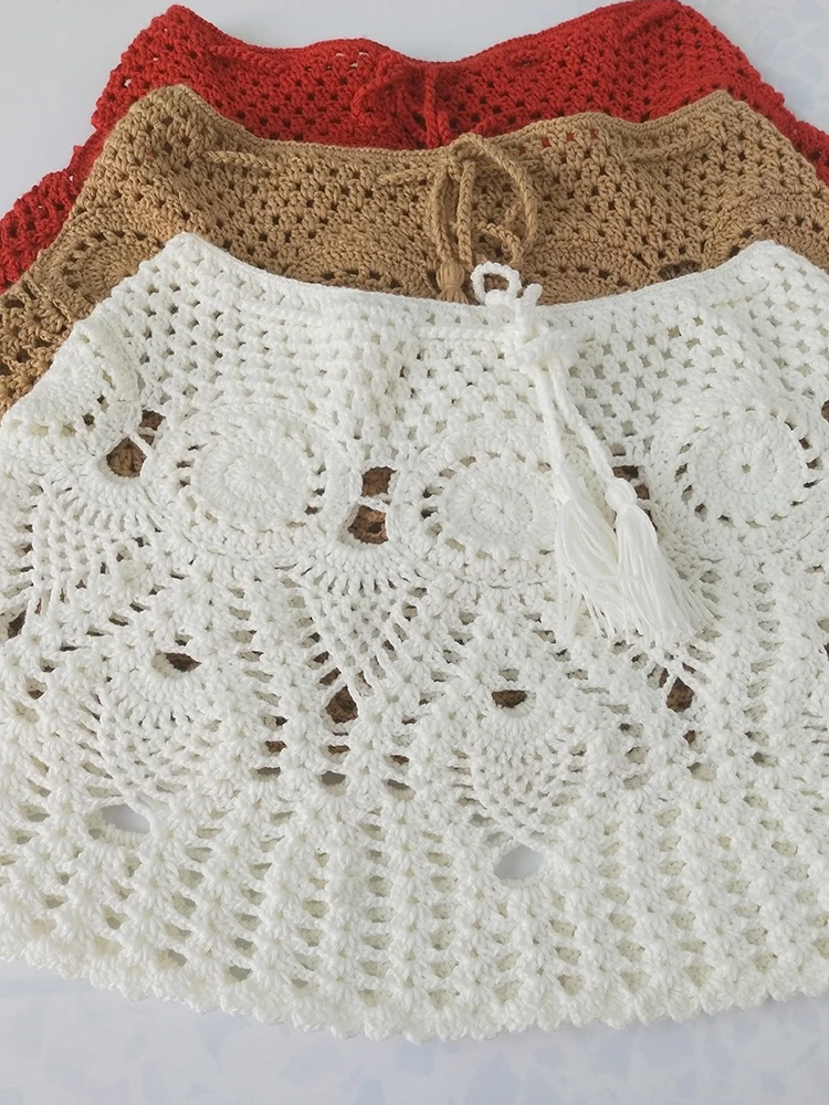 2021 New Sexy Crochet Tassel Beach Skirt Cotton Swimsuit Fused Skirt Casual Beach Running Lace See Through Slim Mini Skirts