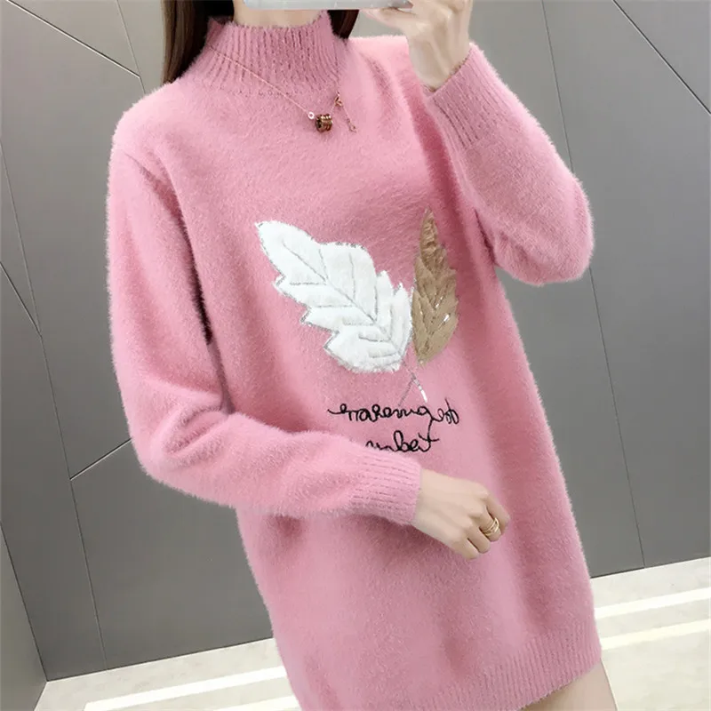 

Mid Long Loose Faux Mink Cashmere Sweater Dress Women Pullovers Autumn Winter Thick Warm Embroidery Half High Collar Tops Female