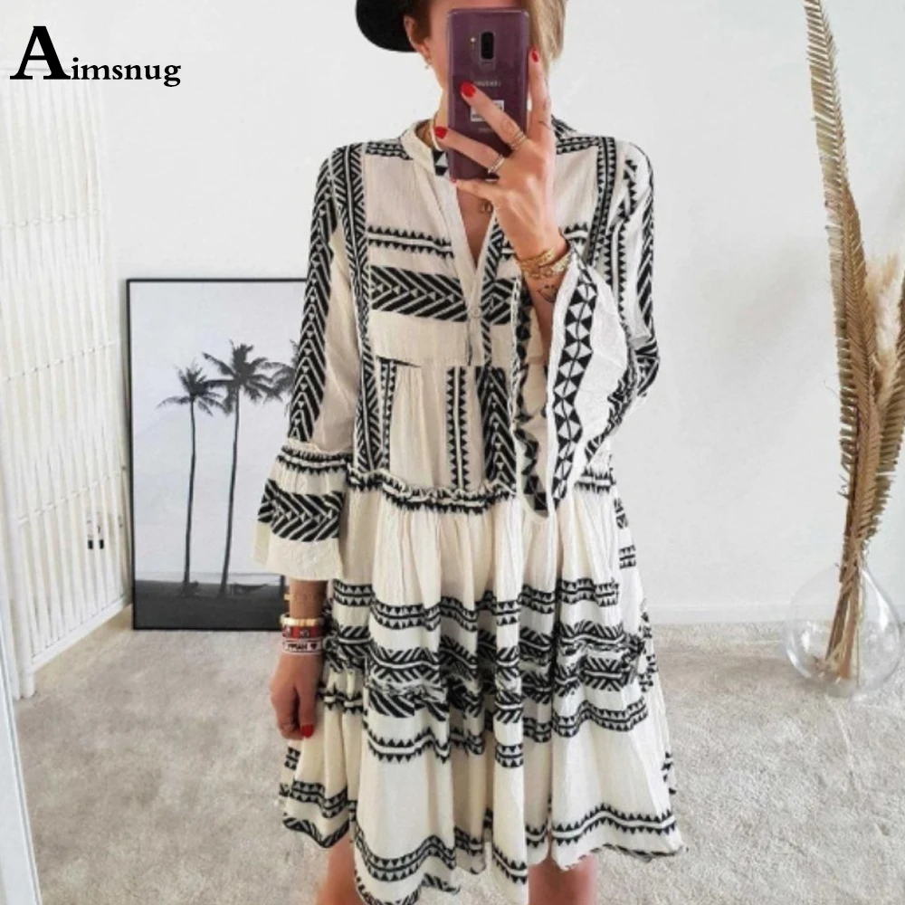 Vintage 2025 Summer Ladies Elegant V-neck Mini Dress Long Sleeve Retro Print Dresses Plus size 3XL Women Bohemian Dress Robe New