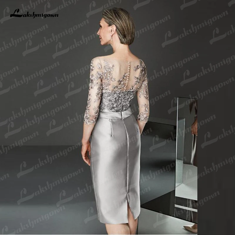 Silver Champagne Short Knee Length Lace Mother of the Bride Dresses Three Quarter Sleeves Mother Formal Wedding Guest Gown