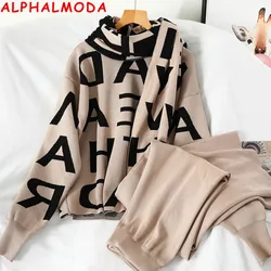 ALPHALMODA-Set maglione e pantaloni lavorati a maglia da donna, maglione ampio, sciarpa lavorata a maglia con lettere, abbigliamento da salotto stagionale alla moda, 3 pezzi