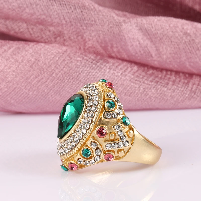 Kinel Fashion Boho Ring Female Water Drop Green Glass Big Rings Gold Color Vintage Wedding Party Jewelry Drop Shipping