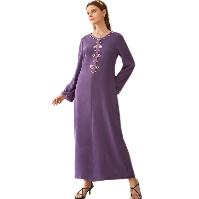 

Abaya Muslim Women Long Dress Rhinestone Arab Robe V-neck Eid Long Sleeve Ramadan Elegant Islamic Robe Kaftan Spring Fashion