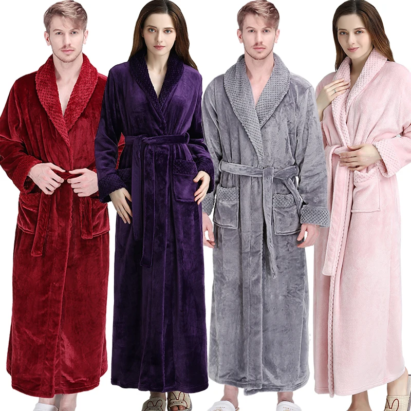 Women Men Thermal Flannel Extra Long Bath Robe Winter Luxury Fur Bathrobe Warm Kimono Dressing Gown Sexy Bridesmaid Sleepwear