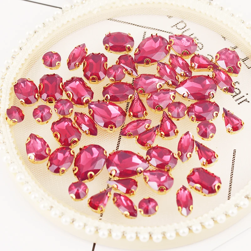 50pcs Mixed Shape Gold Claw Fuchsia Opal Stones With Holes Flatback Resin DIY Sewing Rhinestone For Decoration Craft Accessories