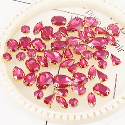 50pcs Mixed Shape Gold Claw Fuchsia Opal Stones With Holes Flatback Resin DIY Sewing Rhinestone For Decoration Craft Accessories