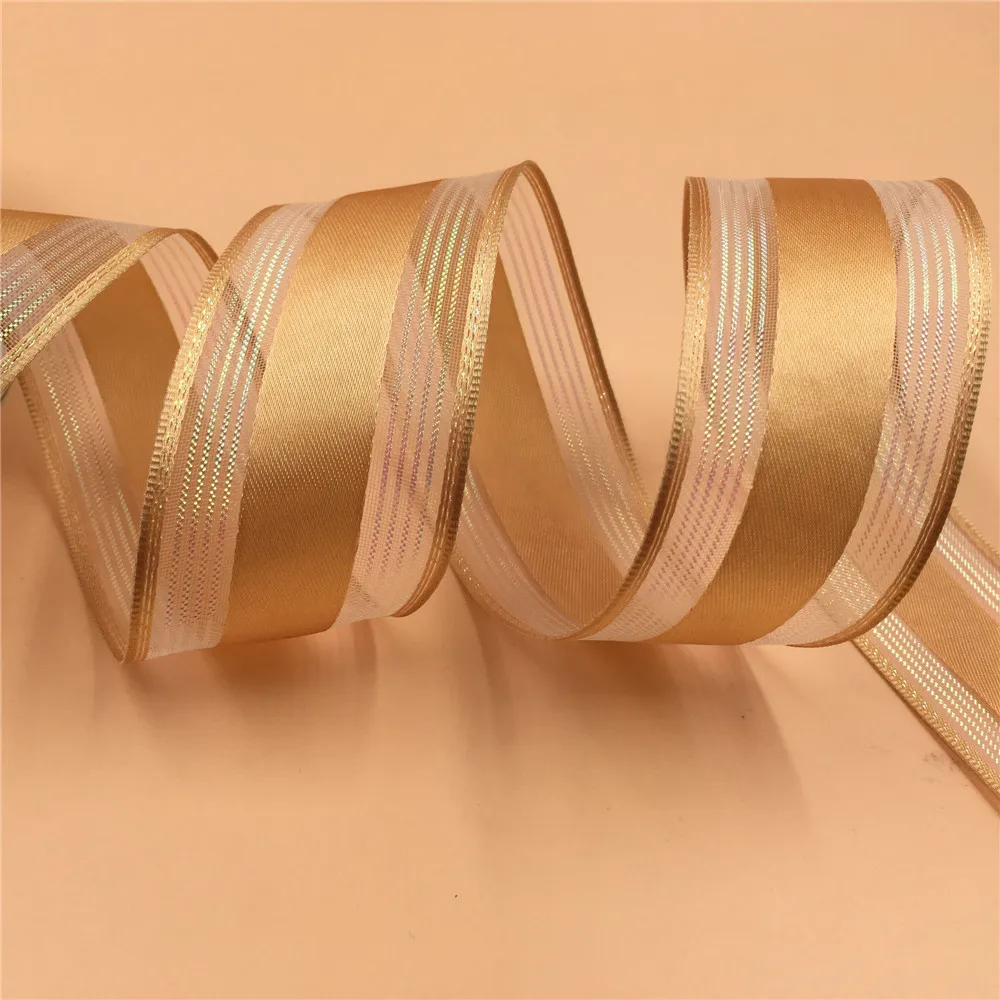 38MM 25yards  Gold Satin Wired Edge  Ribbon With Lurex Sheer Edges for Festival Christmas Decoration New Year Gift Wrapping