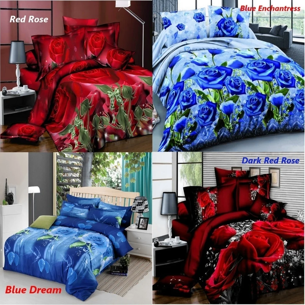 4Pcs/set 3D Red/Blue Rose Printed Bedding Set Quilt Cover Bed Sheet Pillowcases Queen Size Bedspread Bedclothes