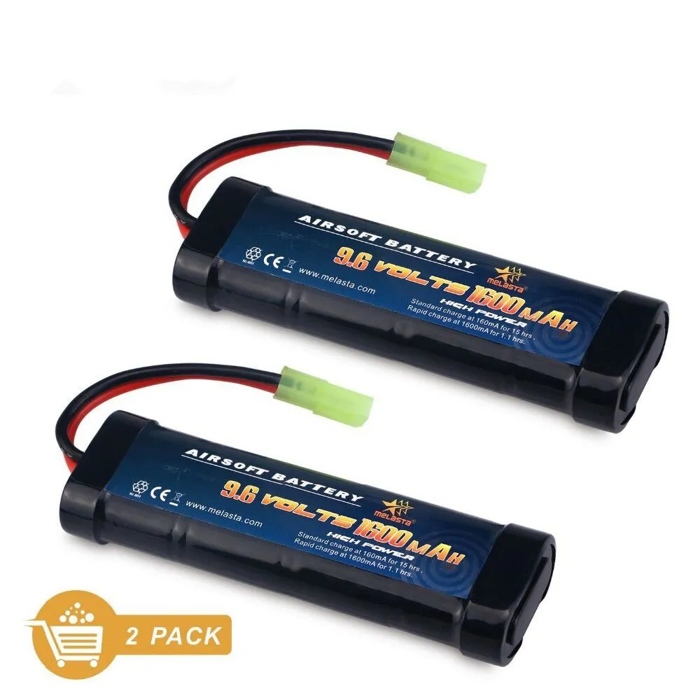 2Pack 2/3A 9.6v 1600mAh NiMH Flat Battery Pack with Mini Tamiya Connector for Airsoft Guns Mini AK Series or AEG's