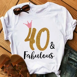 Rosa Krone 30th/40th/50th/60th Fabulous Graphic Print T-Shirt frauen Kleidung Anzahl Kunden T-shirt Femme geburtstag Geschenk T Hemd