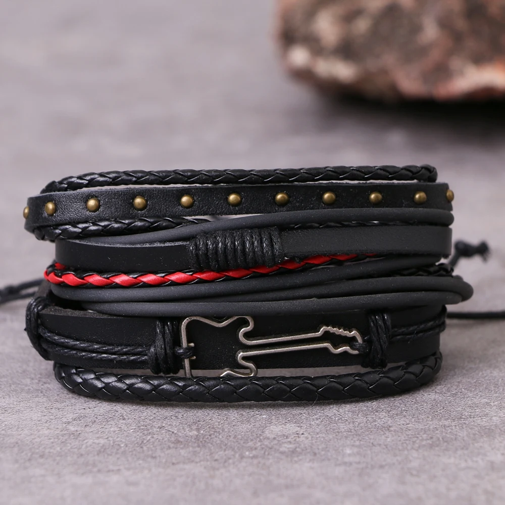 DAXI Punk Multilayer Leather Bracelet Set Eye Wings Star Charms Beads Bracelets For Man Party Gothic Jewelry Punk Wrap Wristband