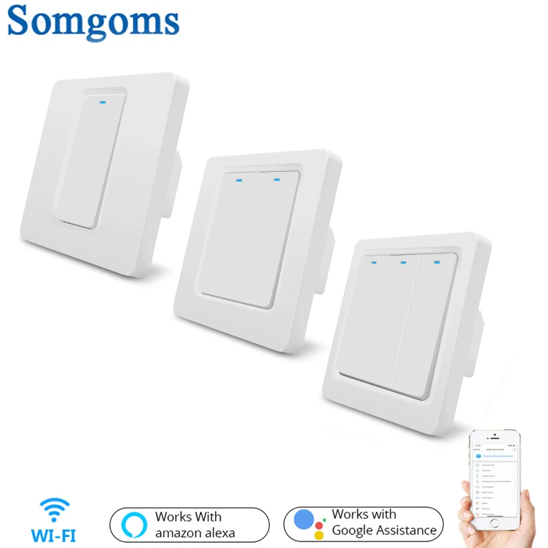 

Smart Switch WiFi Push Button Wall Light Switches EU AC 90v 250v No Neutral Tuya Wireless Control Alexa Google Home Compatible