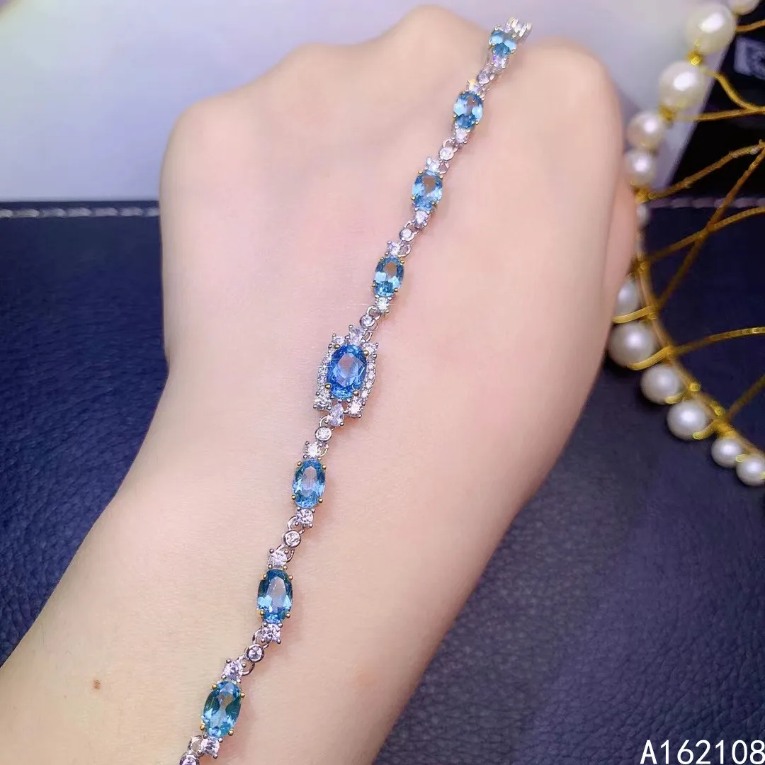 

Fine Jewelry 925 Sterling Silver Inset With Natural Gemstones Women's Luxury Exquisite Blue Topaz Hand Bracelet Support Detectio