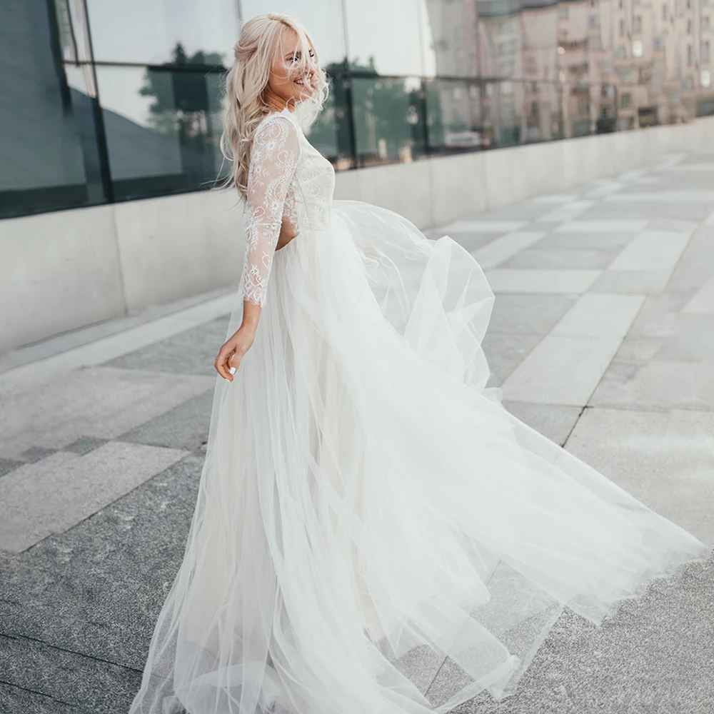 Manga larga cuello Barco de encaje vestido de tul para bodas una línea de cerradura Jardín de boda Boho, vestido de boda de playa