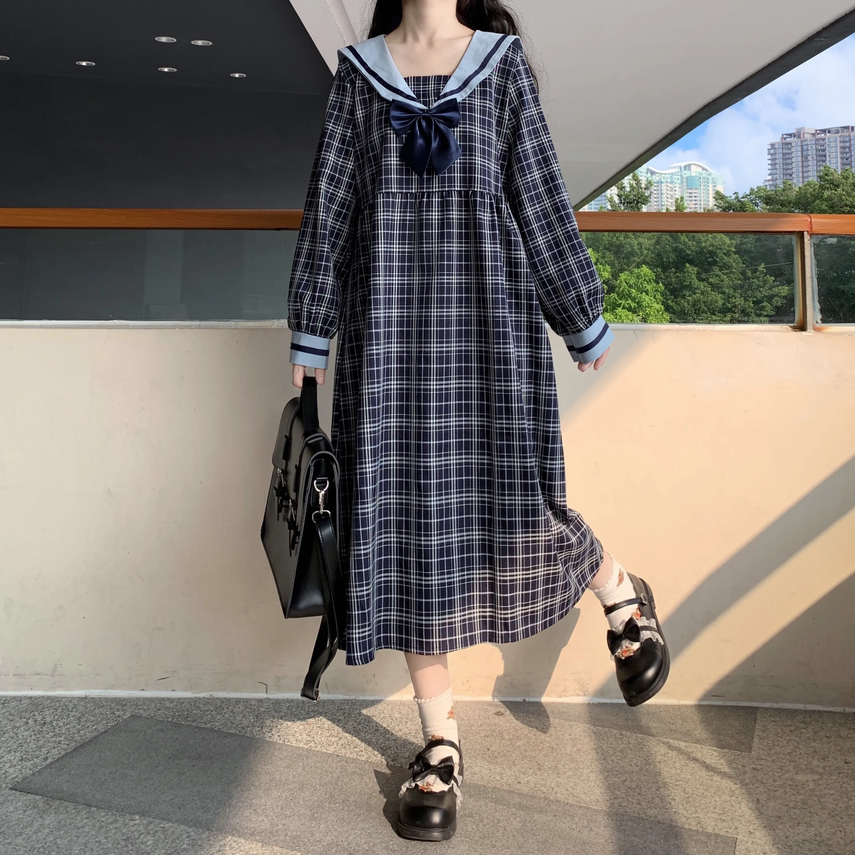 JK – robe d'automne à col de marin pour femmes, manches longues, taille haute, Slim, à carreaux, Style collège japonais