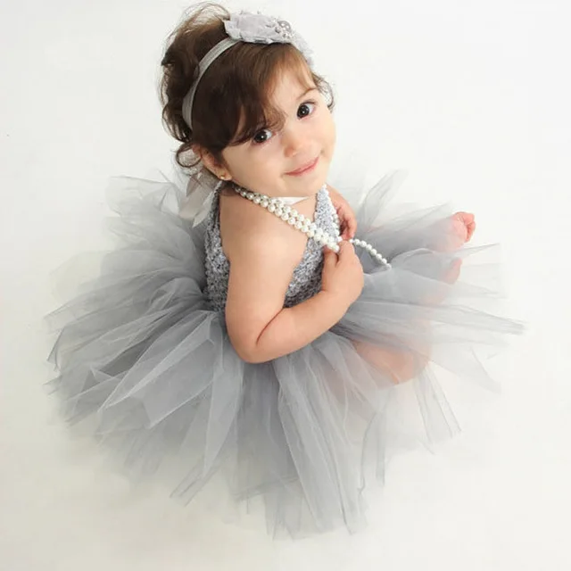 Cute Baby Crochet Flower Tutu Dress Girls 1Layer Tulle Dress with Hairbow Newborn Birthday Party Costume Photography Dress Cloth