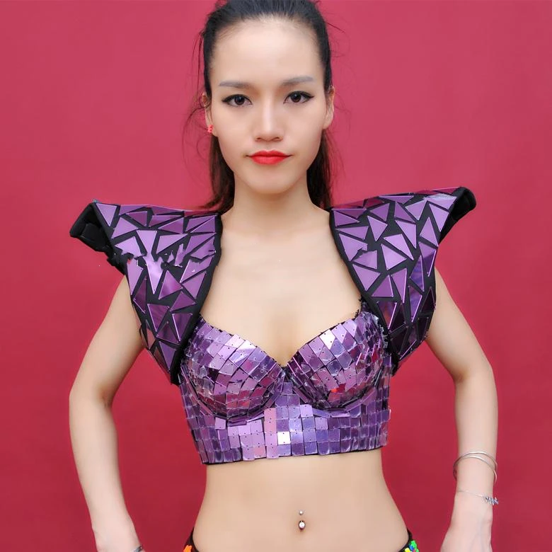 

Female Singer DS Dance Team clothing Purple Mirror Costume Sexy laser dance bra pant shoulderwear full set Nightclub Bar