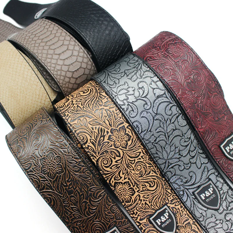 P &P Adjustable Leather Guitar Strap Embossed Acoustic Electric Guitar Shoulder Strape