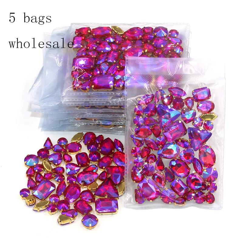 New arrival Wholesale 5 bags mixed shape sew on glass crystal Red AB  rhinestones gold base for clothing/dress