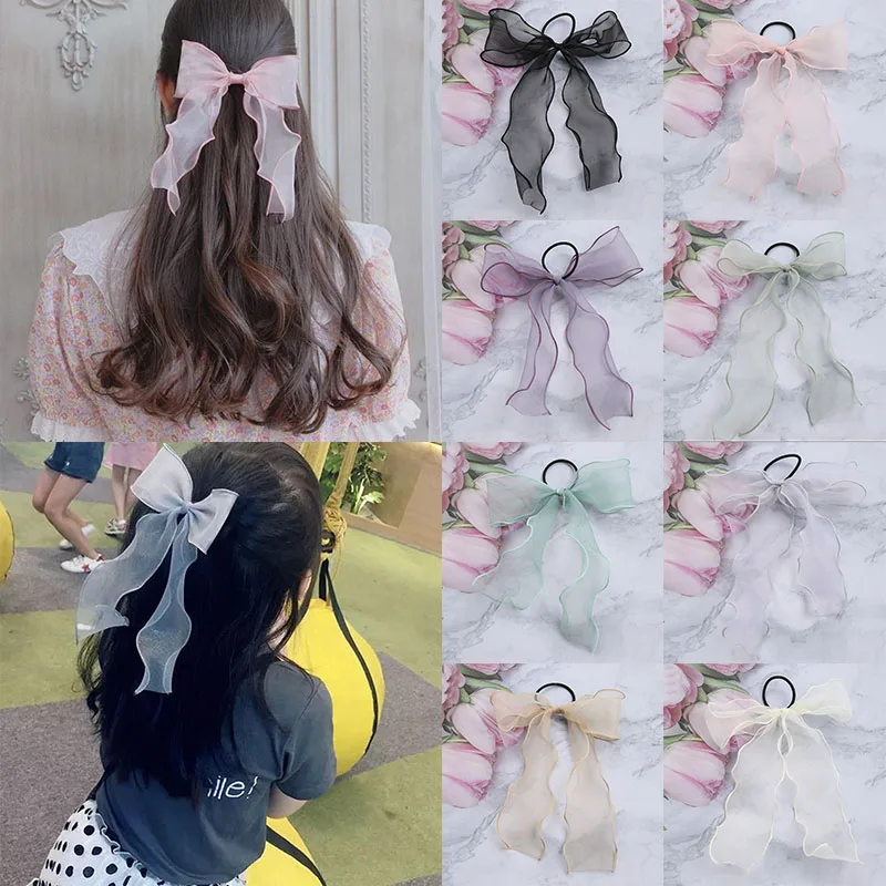 Sweet Big Bow Organza Streamers Hair Scrunchies Soft Ponytail Elastic Hair Ties Rope Girls Hair Accessories Women Ribbon Bands