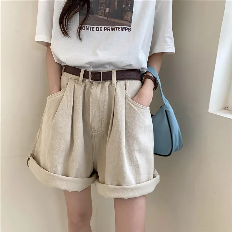 Women's Denim Shorts Rolled Hem Pleated Summer Jeans Short Super Loose Hot Shorts Pockets Jeans Beige Holiday Beach Trendy Wear