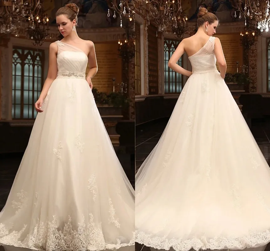 Vestidos De novia De corte en A De princesa, vestido De novia De encaje De tul satinado con un hombro, 2024