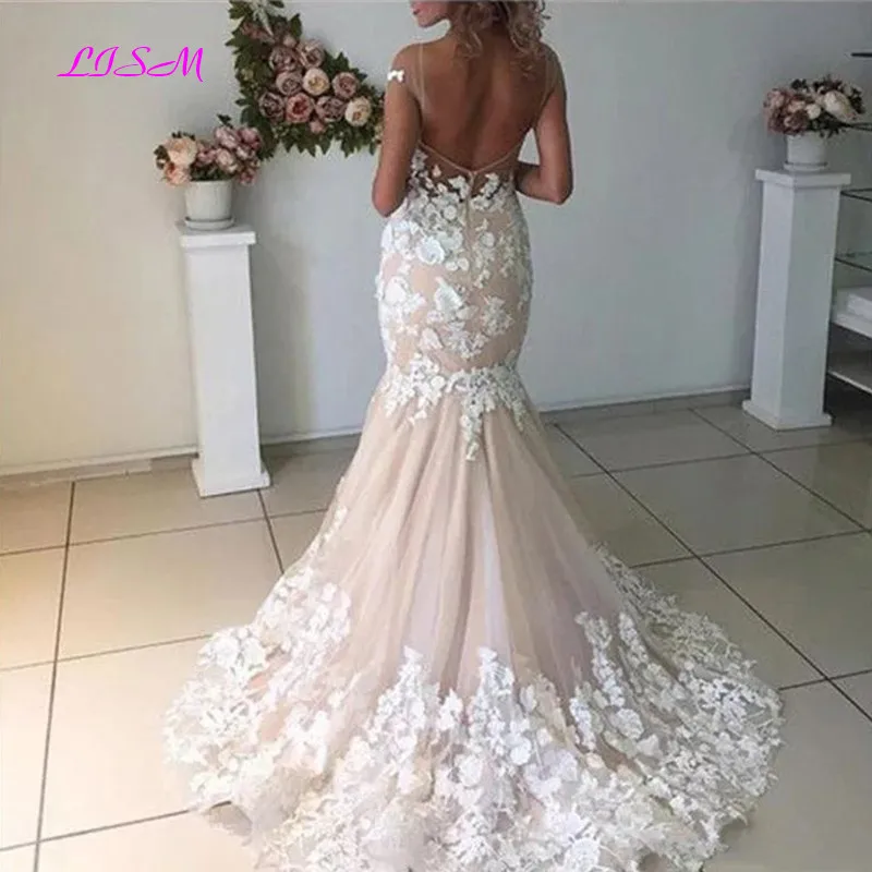 Champagne sereia vestidos de casamento 2020 sexy sem costas robe de mariee vintage rendas floral apliques boné mangas vestidos de noiva