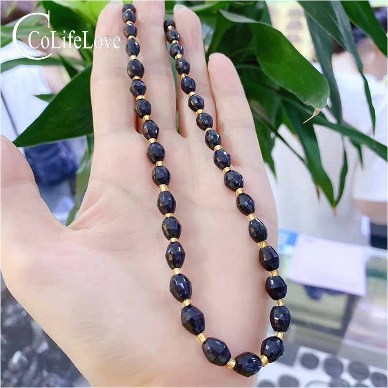 CoLife Jewelry Natural Black Sapphire Necklace for Man 5mm*6mm to 8mm*10mm Chinese Sapphire Beads Necklace Fashion Man Jewelry