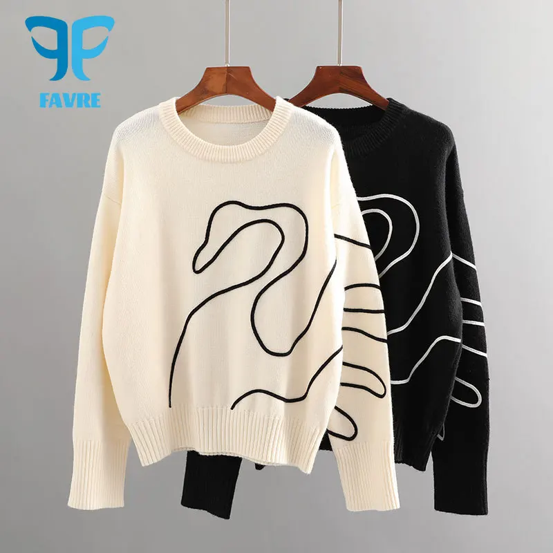 

FAVRE Embroidered Swan Pattern Pullovers Women Casual Loose Goose Sweater Autumn Fashion Korean Style Long Sleeve Sweaters Tops