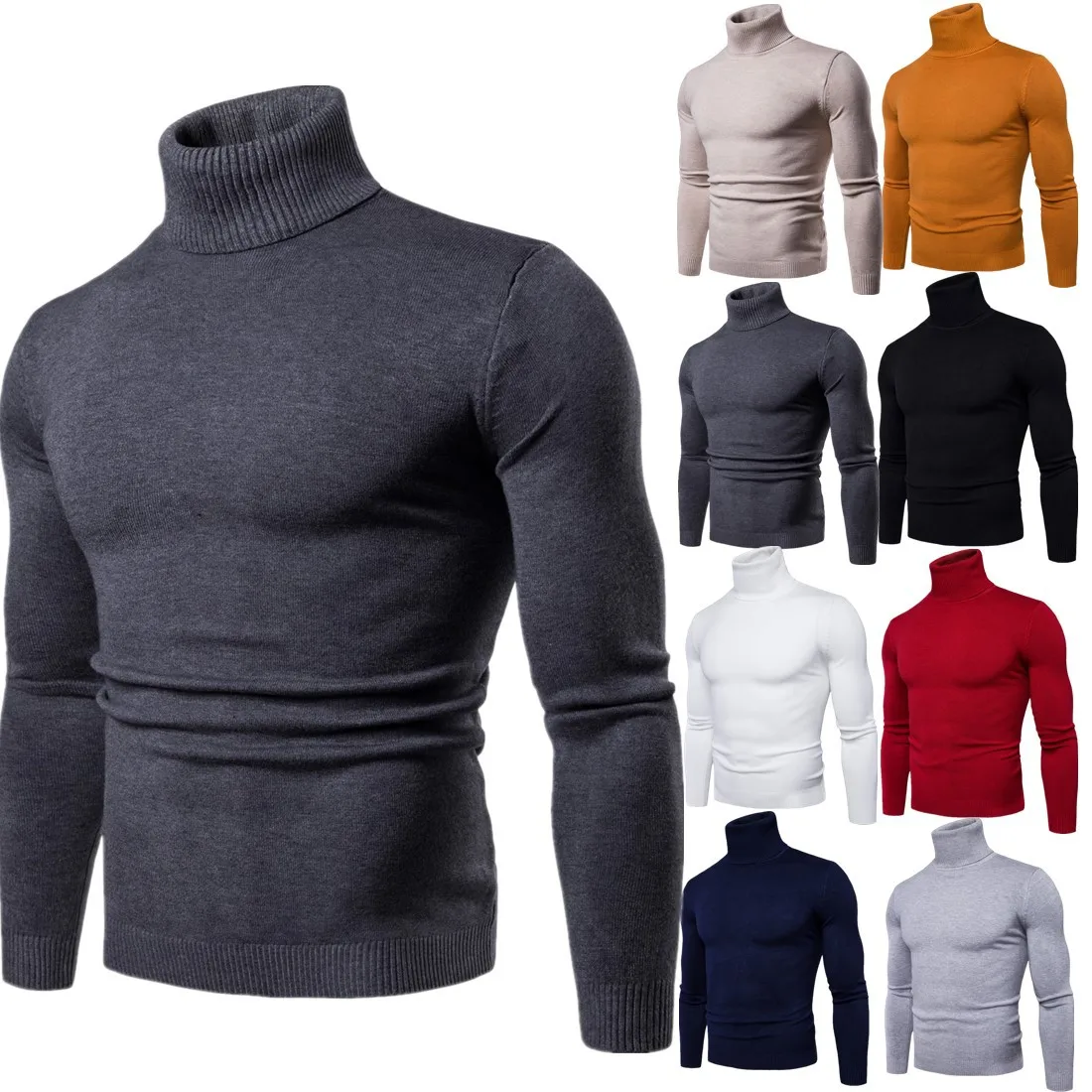 Suéter cálido de cuello alto para hombre, Jersey de punto sólido, informal, doble cuello, ajustado, Invierno