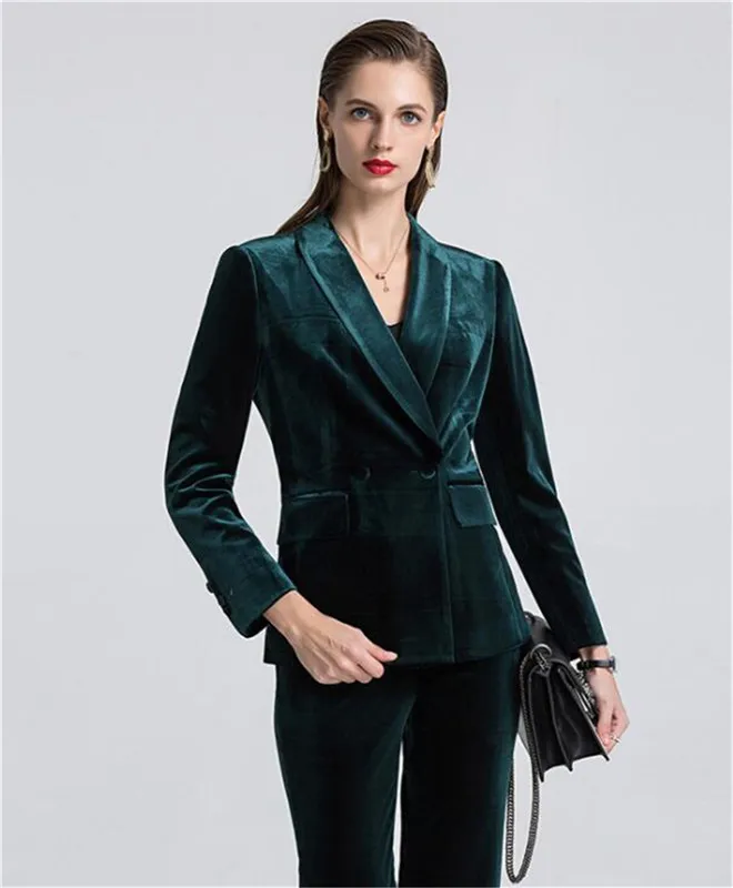 Women's Velvet Jacket and Pants Set, Women Pantsuits, Work Pant Suits, Blazer, Jacket, Pants Suit, Party, One Button, OL, 2 Pcs