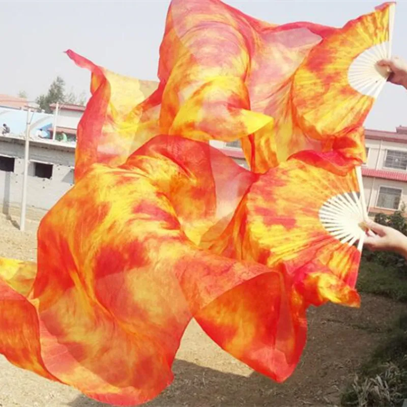 Groothandel Tie Dye Pure Zijde Fan Sluiers China Traditionele Bamboe Lange Fan Voor Bellydancer Oosterse Dans Praktijk Gratis Verzending