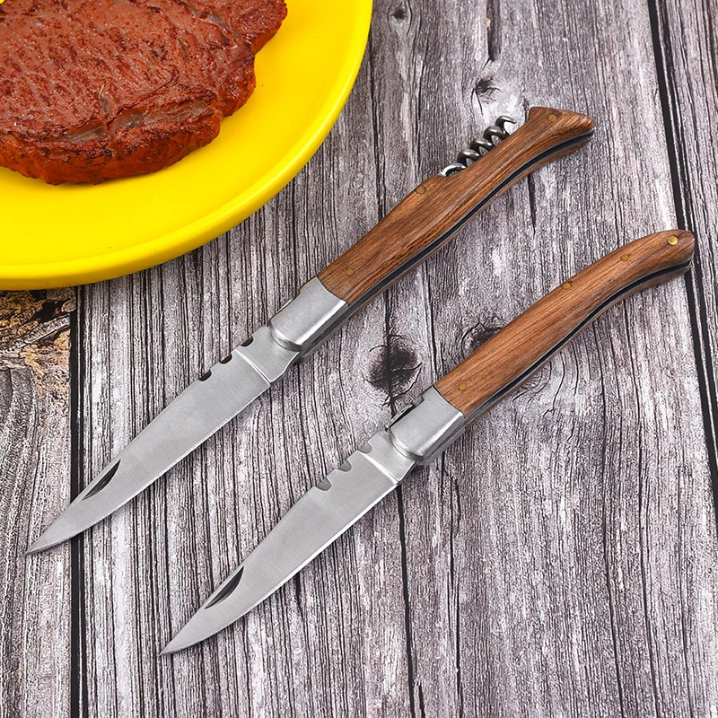 1-2pcs Wood Corkscrews Bottle Foldable Champagne Corkscrews Multifunctional Bottle Wine Opener Protable Pocket Fruit Knives